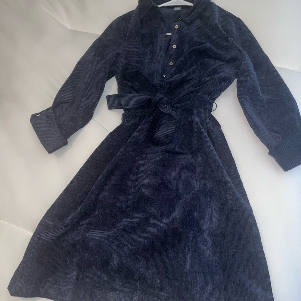 Navy Corduroy Dress with Waist Tie